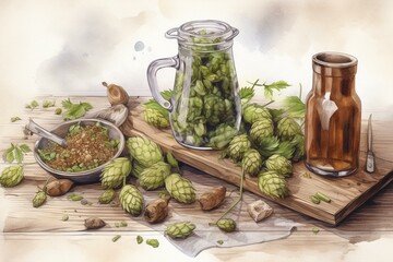 Watercolor illustration of hops and malt ingredients for beer brewing. Generative AI