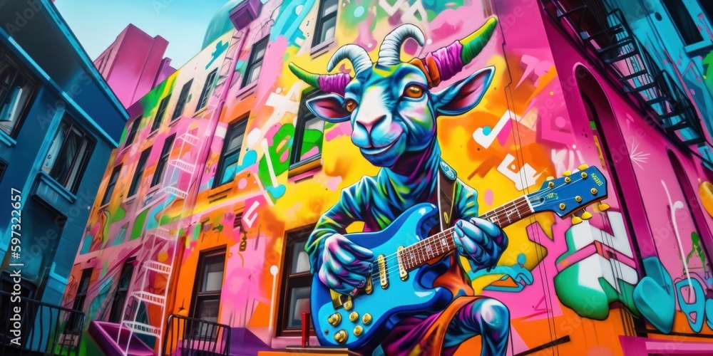 Poster a giraffe with a guitar in front of a building. ai generative image.