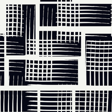 Paint brush geometric seamless pattern. Artistic hand drawn modern print. Linocut style background. Modular grid ornament. Trendy contemporary geo wallpaper