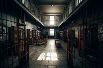 Artwork depicting a penitentiary. Generative AI - obrazy, fototapety, plakaty