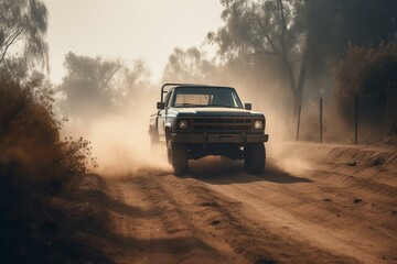 Obraz na płótnie Canvas A moving pickup truck travels down a dirt road kicking up a haze of dust behind it. Generative AI