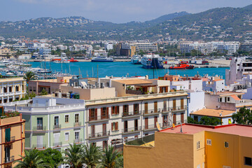 Fototapeta premium Aerial view of an upscale apartment building in the city center of Eivissa, the capital of Ibiza in the Balearic Islands, Spain