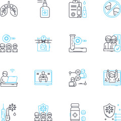 Infectious disease linear icons set. Virus, Bacteria, Fungi, Contagious, Epidemic, Outbreak, Pandemic line vector and concept signs. Vaccine,Antibiotics,Pathogen outline illustrations