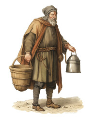 Medieval Peasant, Serf, Illustration of bearded peasant holding milk pail, grain basket (Generative AI)