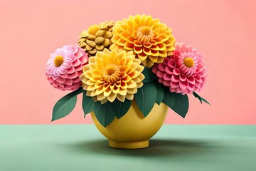 craft paper flowers floral bouquet, yellow dahlia, botanical arrangement, bright candy colors, nature clip art isolated, decorative embellishment
