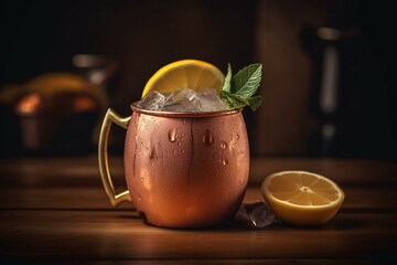 Mixing Moscow Mule in a copper mug with dried lemon garnish at bar at night by bartender. Generative AI