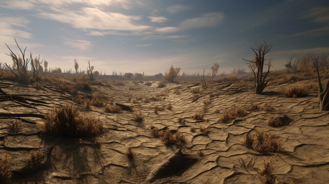 Earth in crisis, dried-out, arid terrain with dead trees as far as the eye can see Generative AI