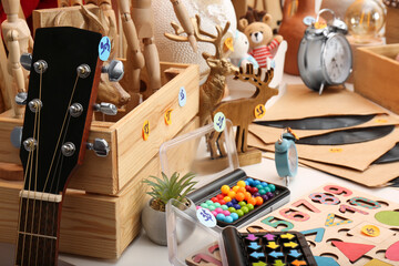 Many different stuff in room. Garage sale