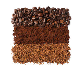 Beans, instant and ground coffee on white background, top view