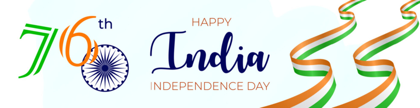 76th Independence day of India website banner. Vector design with tricolor ribbon.