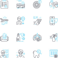 Disease management linear icons set. Prevention, Diagnosis, Treatment, Rehabilitation, Patient-centered, Holistic, Care coordination line vector and concept signs. Chronic,Infection,Pandemic outline