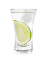 Glass of vodka with lime and ice isolated on white