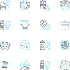 Culinary marketplace linear icons set. ere are original word keywords about Culinary marketplace:, Food, Cuisine, Cooking, Ingredients, Recipes, Flavors line vector and concept signs. Spices,Aromas