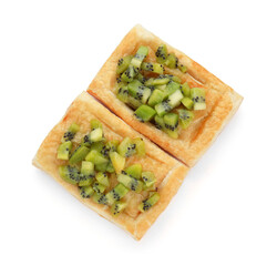 Fresh tasty puff pastry with kiwi isolated on white, top view