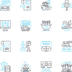 Convention linear icons set. Conference, Gathering, Conclave, Meetup, Symposium, Assembly, Summit line vector and concept signs. Rally,Expo,Congress outline illustrations