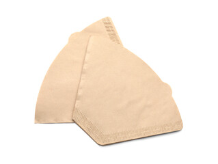 Paper coffee filters isolated on white, top view