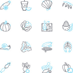 Charming cuisine linear icons set. Delectable, Flavorful, Savory, Tasty, Mouthwatering, Scrumptious, Appetizing line vector and concept signs. Gourmet,Exquisite,Delicious outline illustrations