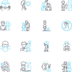 Companionship linear icons set. Friendship, Bonding, Togetherness, Support, Camaraderie, Loyalty, Connection line vector and concept signs. Care,Understanding,Empathy outline illustrations