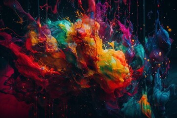 Naklejka na ściany i meble Vibrant abstract painting with neon splashes. Generative AI