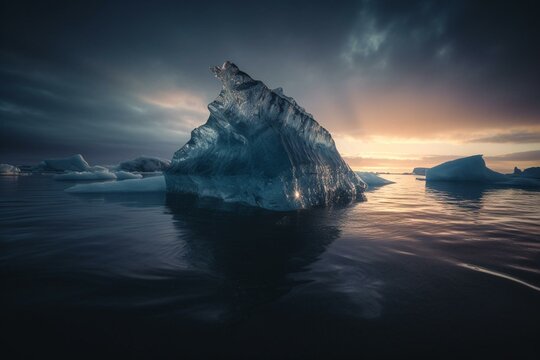 Melting Arctic iceberg at dawn. Generative AI