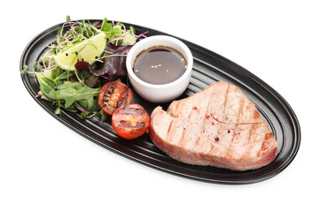 Delicious tuna steak, salad, tomato and sauce on white background