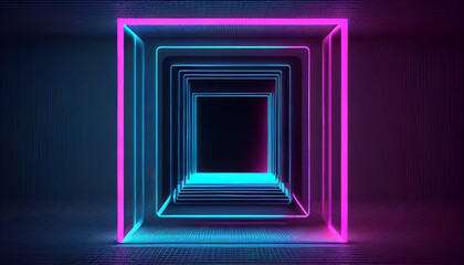 3D rendering process. It features a glowing neon square. The center of the frame contains a laser geometric linear shape that is set aga