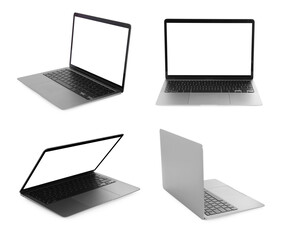 Collage with modern laptop isolated on white, different sides