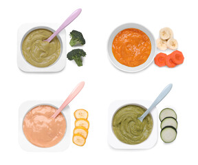 Set of baby food isolated and fresh ingredients on white, top view