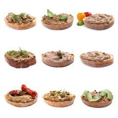 Slices of bread with tasty pate on white background, collage design