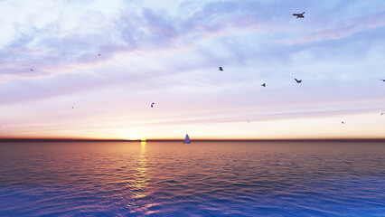 Sailboat sunset fantasy with a silhouetted boat sailing along its journey against a vivid colorful sunset with birds flying in formation against an orange and yellow color filled sky. 3d rendering.