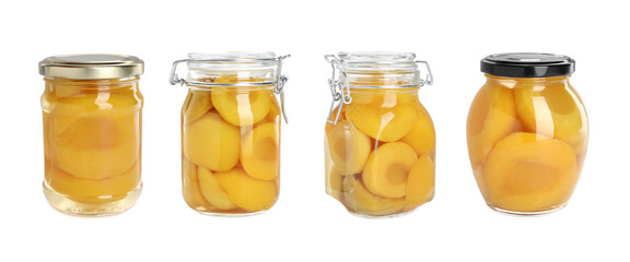 Set of jars with canned peaches isolated on white