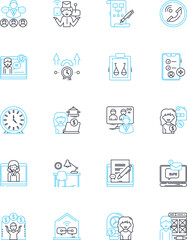 Satellite office linear icons set. Remote, Branch, Outpost, Offsite, Workspace, Desk, Co-working line vector and concept signs. Location,Virtual,Hybrid outline illustrations