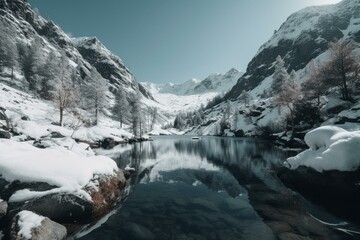 A snowy mountain lake scenery. Generative AI