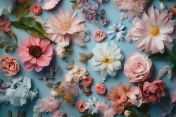 Obraz na płótnie Canvas Flat lay of pastel pinks and blues spring flowers. Generative AI