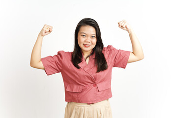 Showing strength and rise arms Of Beautiful Asian Woman Isolated On White Background