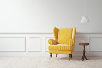 Fototapeta na wymiar modern yellow chair placed beside a sleek table in a minimalistic room. Generative AI