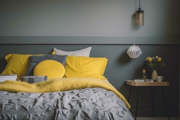 Yellow accents brighten up a muted gray bedroom. Generative AI