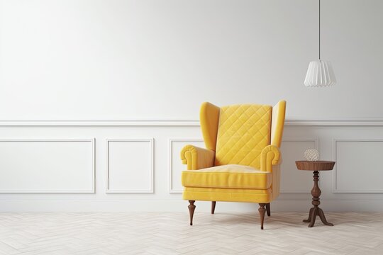 modern yellow chair placed beside a sleek table in a minimalistic room. Generative AI