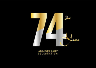 74 Years Anniversary Celebration gold and silver Vector Template, 74 number logo design, 74th Birthday Logo,  logotype Anniversary, Vector Anniversary For Celebration, poster, Invitation Card