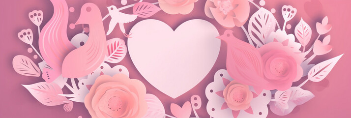 Mother's Day Banner with Pink Paper Cut Love Heart, Delightful Flowers Illustration, Generative AI