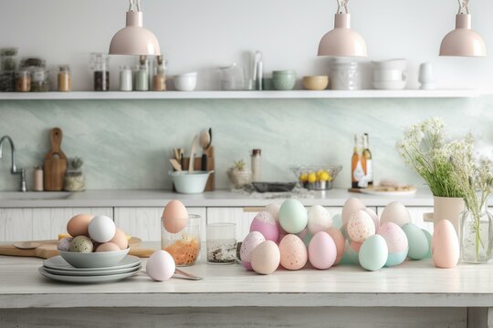Scandinavian style kitchen with Easter eggs in pastel colors on a white wooden table. Happy Easter illustration wallpaper. Generative AI