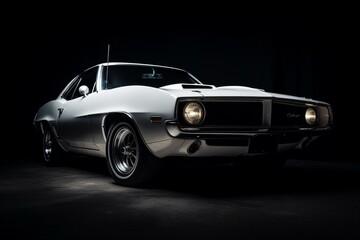 White muscle car on black background. Generative AI