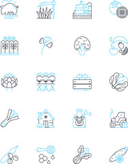 Field linear icons set. Agriculture, Cultivation, Harvest, Crops, Irrigation, Fertilization, Plowing line vector and concept signs. Tilling,Seedlings,Pesticides outline illustrations