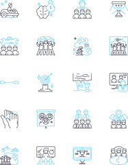 Colony linear icons set. Settlement, Community, Outpost, Migration, Expansion, Frontier, Governing line vector and concept signs. Immigration,Pier,Newcomers outline illustrations