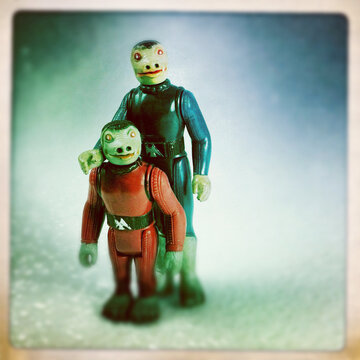 NEW YORK USA: JAN 23 2017: Vintage Kenner Star Wars action figures Snaggletooth and the rare and expensive Sears Exclusive Cantina Adventure Set Blue Snaggletooth - filtered image