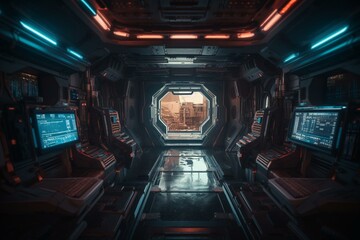 Futuristic spaceship interior featuring a window, glowing blue and red control panels, and 3D rendering. Generative AI