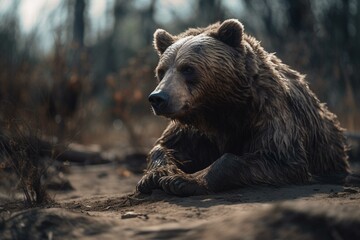 Obraz na płótnie Canvas Melancholic lonely bear on ground, sign of maltreatment. Generative AI