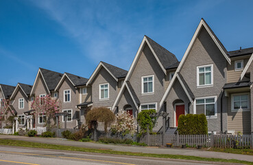 Perfect neighborhood. Houses in suburb at Spring in the north America. Real Estate Exterior Front Houses on a sunny day