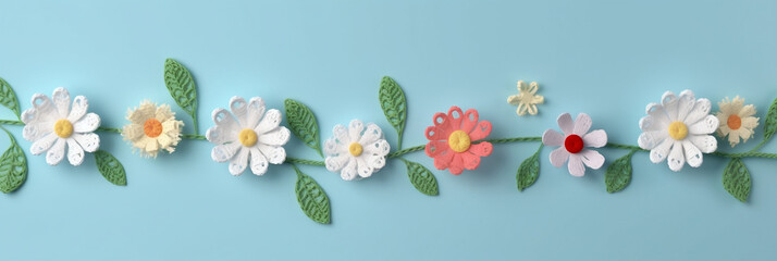 Crochet banner with spring flowers on light blue background for Mother's Day, birthday, wedding, springtime card, Spring banner, Generative AI