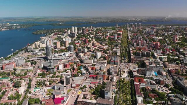 Dnipro city in Ukraine in summer time lapse aerial footage